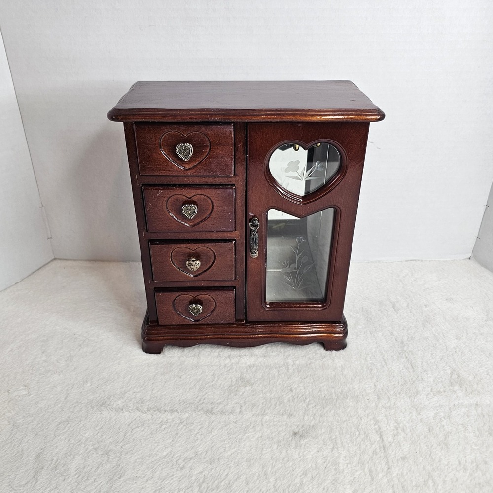 Vintage Wood Tabletop Jewelry Box Chest Drawers and Mirrored Door